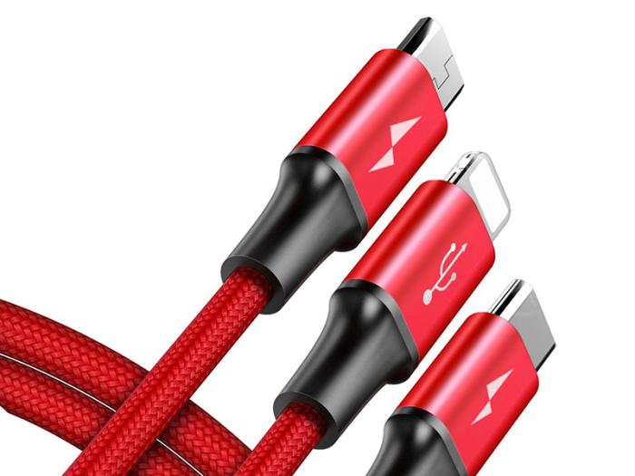 Baseus 3w1 kabel ładowania i transmisji (3A) USB micro, Lightning, USB-C (M) / USB (M) (1.2 m) (czerwony) [CAMLT-SU09]
