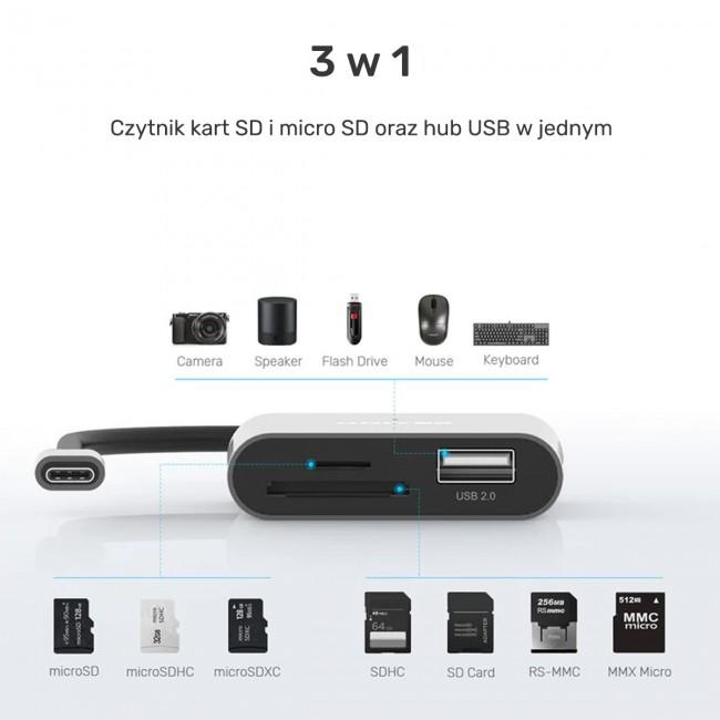 Unitek R1008A USB-C Hub (1xUSB 2.0, czytnik SD, microSD)