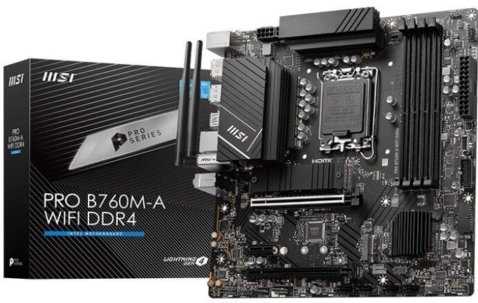 MSI PRO B760M-A WIFI (Intel B760) [S1700, 4xDDR5 do 6800MHz, (2xHDMI 2.1, 2xDP 1.4) (2xM.2, 1xPCIe 4.0 x16, PCIe 4.0 x16 (x4), 1xPCIe 3.0x1), WiFi 6E, BT 5.3, micro ATX]