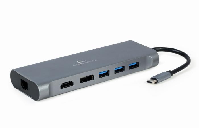 Gembird USB-C (1xUSB-C, 4xUSB 3.1, 1xVGA, 1xHDMI, 1xDP, 1xLAN, 1xCzytnik kart, 1xAudio) [A-CM-COMBO8-01]