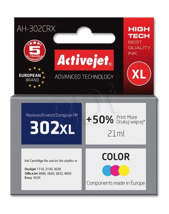 AH-302CRX (302XL) - kolorowy wkład z atramentem ActiveJet, 21 ml, zamiennik F6U67AE (HP DeskJet 1110, 2130, 2132, 2133, 2134, 3630, 3632, 3633, 3634, OfficeJet 3830, 3832, 3834, 4650, 4651, 4652)
