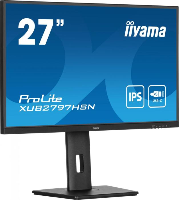 27’’ Iiyama ProLite XUB2797HSN-B1 (IPS LED, 1920x1080, 250, 1000:1, 99% sRGB, 1ms, 100Hz) (HDMI 1.4, DP 1.2, 3xUSB 3.2 Gen1, USB-C 7.5W, USB-C 65W) pivot, głośniki (2x2W), czarny