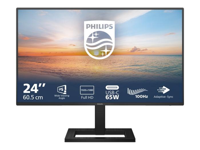 24’’ Philips 24E1N1300AE/00 (IPS LED, 1920x1080, 250, 1ms, 100Hz) (HDMI, USB-C, 2xUSB 3.0, Audio) vesa, głośniki (2x2W), czarny