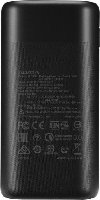 Power Bank A-Data P10000QCD 10000mAh 2xUSB 3.0, USB-C QC, PD (czarny) [AP10000QCD-DGT-CBK]