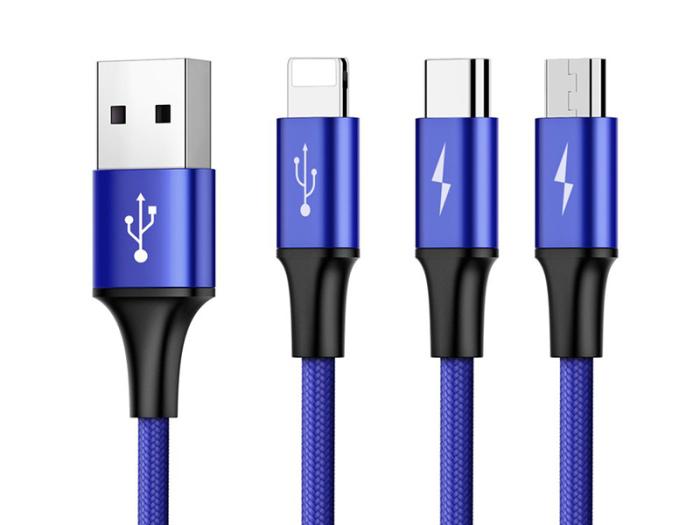 Baseus 3w1 kabel ładowania i transmisji (3A) USB micro, Lightning, USB-C (M) / USB (M) (1.2 m) (niebieski) [CAMLT-SU13]