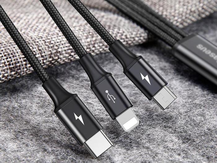 Baseus 3w1 kabel ładowania i transmisji (3A) USB micro, Lightning, USB-C (M) / USB (M) (1.2 m) (czarny) [CAMLT-SU01]