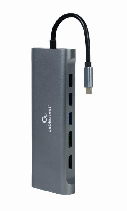 Gembird USB-C (1xUSB-C, 4xUSB 3.1, 1xVGA, 1xHDMI, 1xDP, 1xLAN, 1xCzytnik kart, 1xAudio) [A-CM-COMBO8-01]