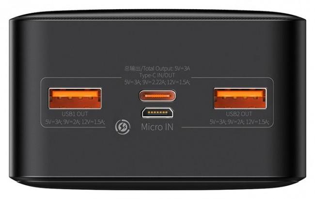 Power Bank Baseus 30000mAh 20W 2xUSB-A + 1xUSB-C (PD) 1xmicroUSB Quick Charge 3.0 LED (czarny) [PPDML-N02]