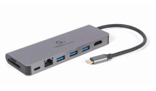 Gembird USB-C (1xUSB-C PD100W, 3xUSB 3.1 Gen1, 1xHDMI 4K 30Hz, LAN 1Gb, czytnik kart) (15 cm) [A-CM-COMBO5-05]