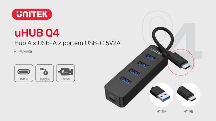 Unitek H1117B USB-C 3.1 Hub (4xUSB 3.1, 1xUSB-C PD10W) (15 cm)