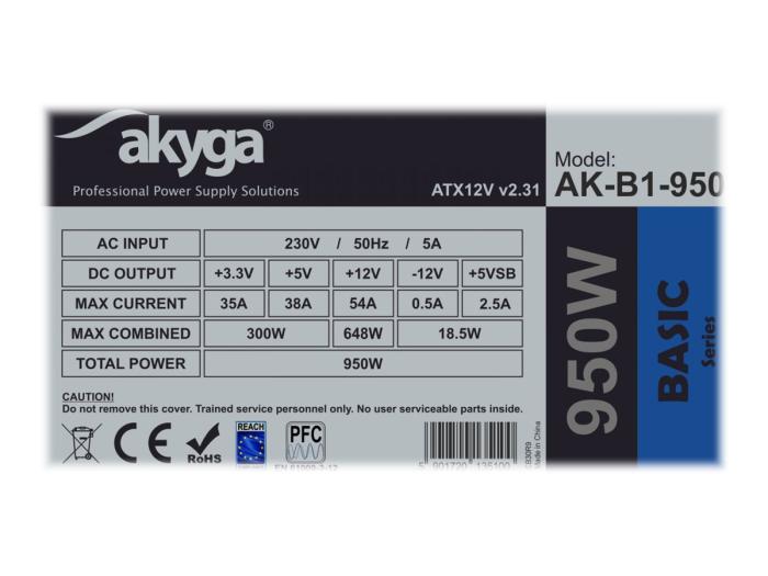 Akyga Basic (950W) (1x120mm) (CPU 1x4+4) (PCI-E 1x6+2, 1x6) (2xMolex, 5xSATA) [AK-B1-950]