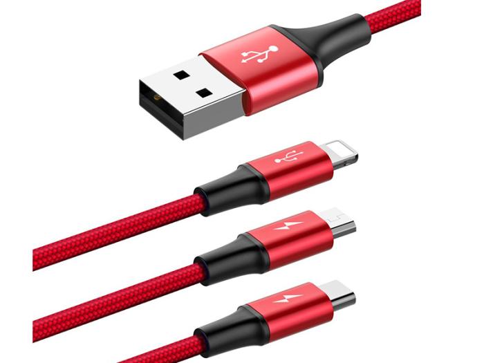 Baseus 3w1 kabel ładowania i transmisji (3A) USB micro, Lightning, USB-C (M) / USB (M) (1.2 m) (czerwony) [CAMLT-SU09]