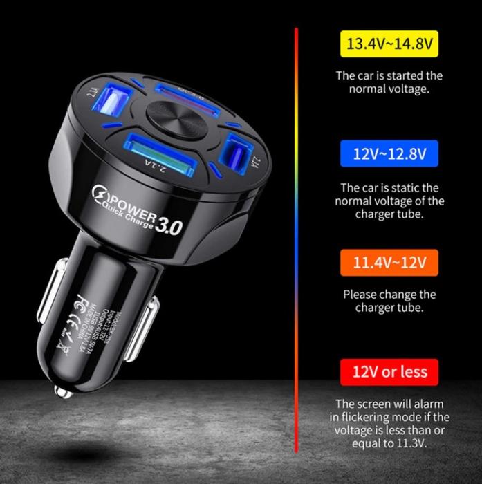 Tkey Ładowarka samochodowa QuickCharge 3.0 (QC 3.0) LED (12-32V) (9V/12V 1.8A, 5V 7A) 48W 4xUSB [BK-358]