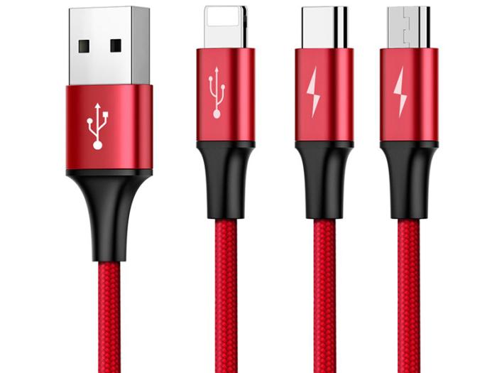 Baseus 3w1 kabel ładowania i transmisji (3A) USB micro, Lightning, USB-C (M) / USB (M) (1.2 m) (czerwony) [CAMLT-SU09]