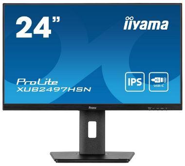 24’’ Iiyama ProLite XUB2497HSN-B1 (IPS LED, 1920x1080, 250, 1ms, 100Hz) (HDMI 1.4, DP 1.2, Audio, RJ-45, 3xUSB-A 3.2, USB-C 3.2 PD 7.5W, USB-C 3.2/DP PD 65W) pivot, głośniki (2x2W), czarny