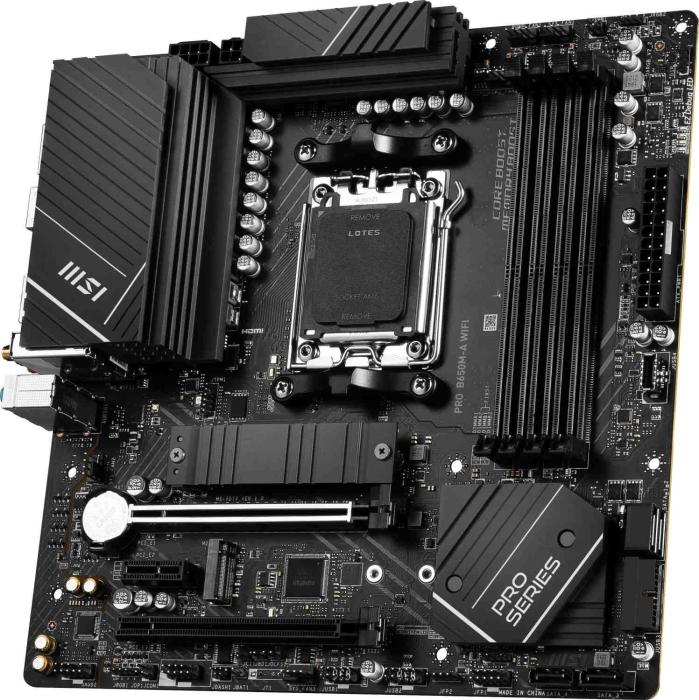 MSI PRO B650M-A WIFI (AMD B650) [AM5, 4xDDR5 do 7200MHz, (HDMI 2.1, DP 1.4) (2xM.2, 1xPCIE 4.0 x16, 1xPCIe 4.0 x16 (x4), 1xPCIe 3.0 x1), WIFI 6E, BT 5.3, micro ATX]