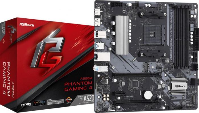 Asrock A520M PHANTOM GAMING 4 (AMD A520) [AM4, 4xDDR4 do 4733 MHz, (HDMI 2.1, DP 1.4) (2xM.2, 1xPCIe 3.0 x16, 1xPCIe 3.0 x16 (x2), 1xPCIe 3.0 x1), micro ATX]
