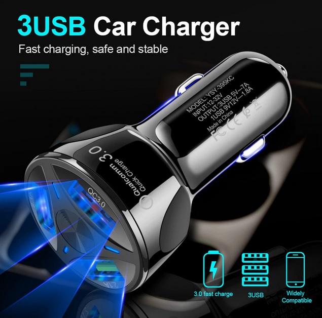 Tkey Ładowarka samochodowa QuickCharge 3.0 (QC 3.0) LED (12-32V) (9V/12V 1.8A, 5V 7A) 48W 3xUSB [ADP-369]